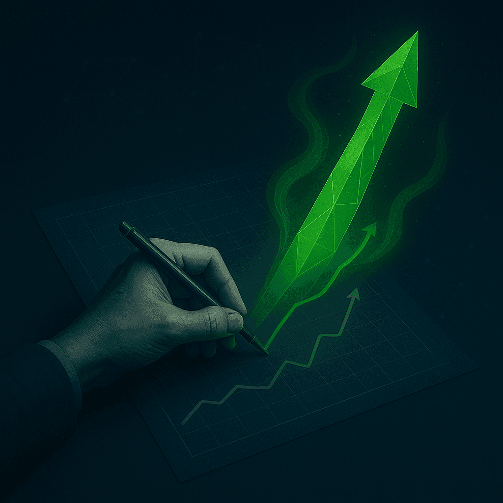 Hand drawing a rising green arrow on a graph, symbolizing growth or success.