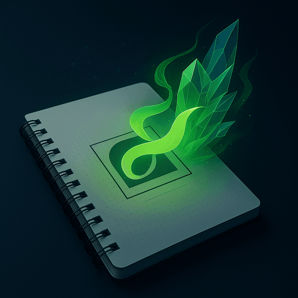 Glowing green ribbon and crystals emerging from a notebook, symbolizing creativity and imagination.