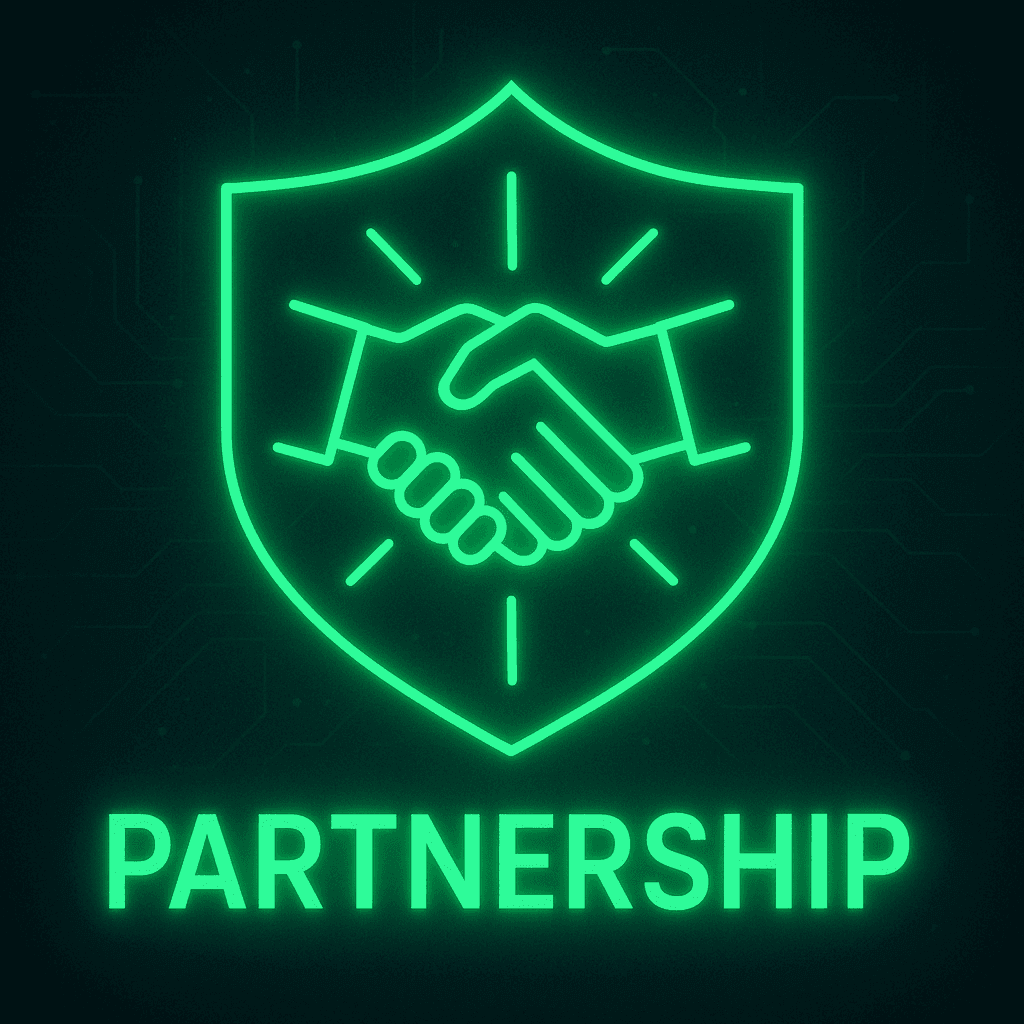 Glowing green text 'PARTNERSHIP' with circuit board pattern background.