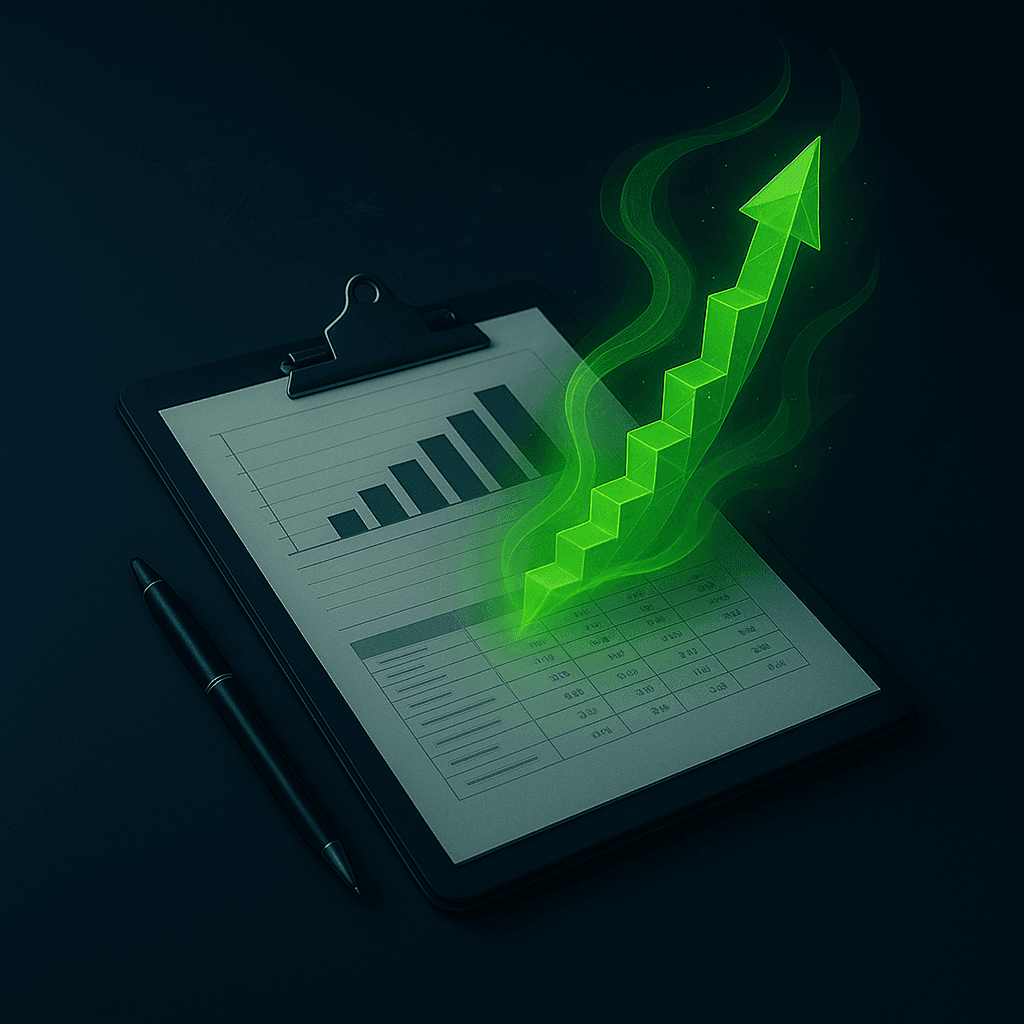 Digital chart on clipboard with green arrow rising, symbolizing growth and success.