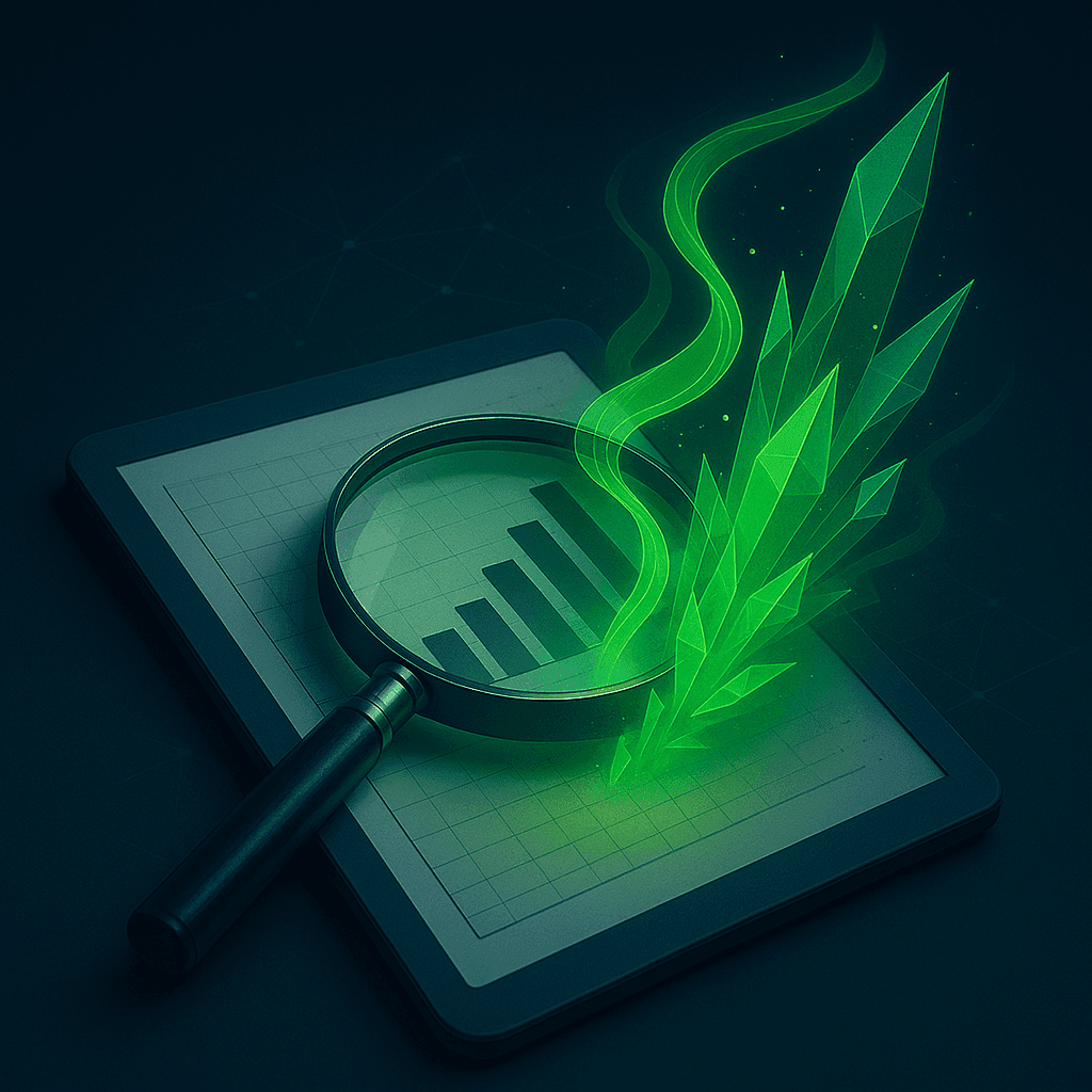 Tablet with bar chart, magnifying glass, and green crystals rising from screen.