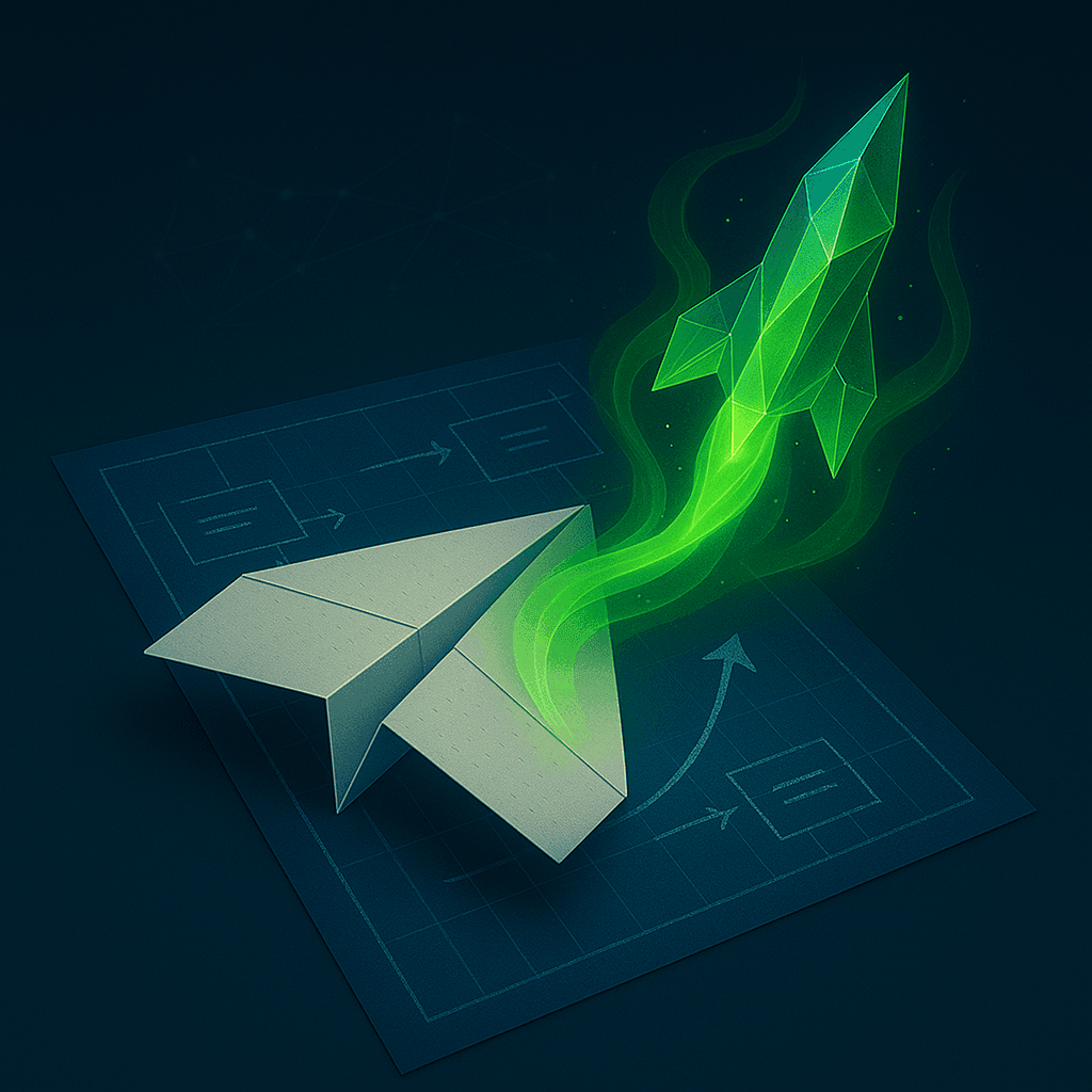 Paper plane transforming into a digital rocket with green trails, overlaid on flowchart background.